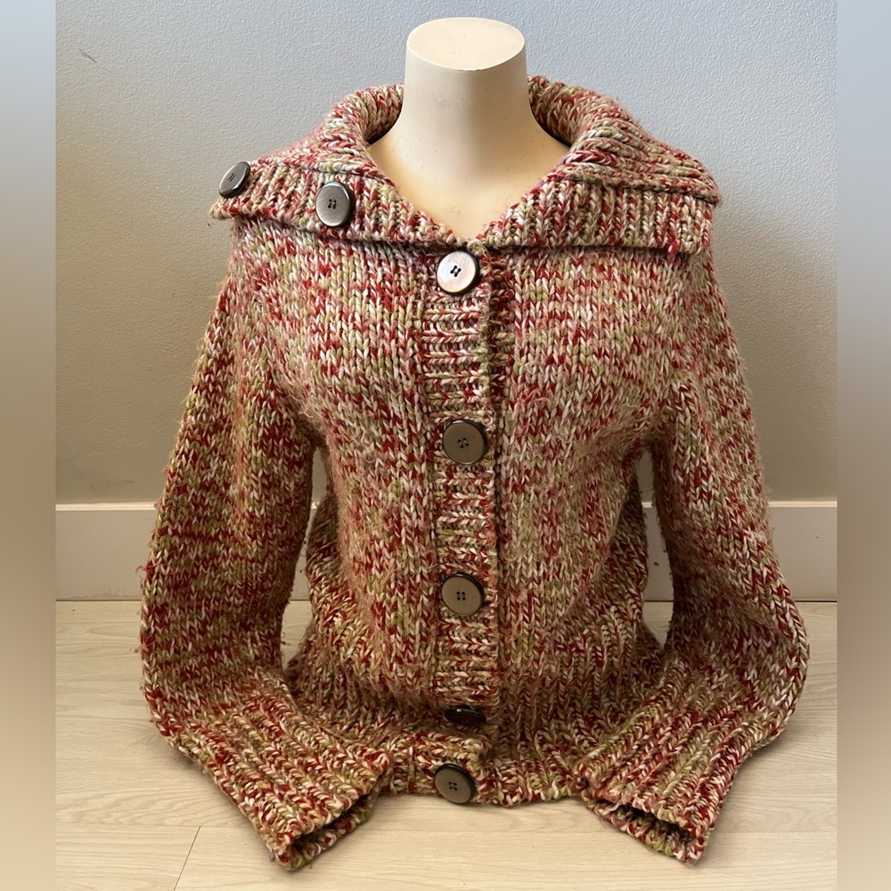 Chunky Knit Button-Front Colorful Cardigan - Red Green White & Pink Size Medium